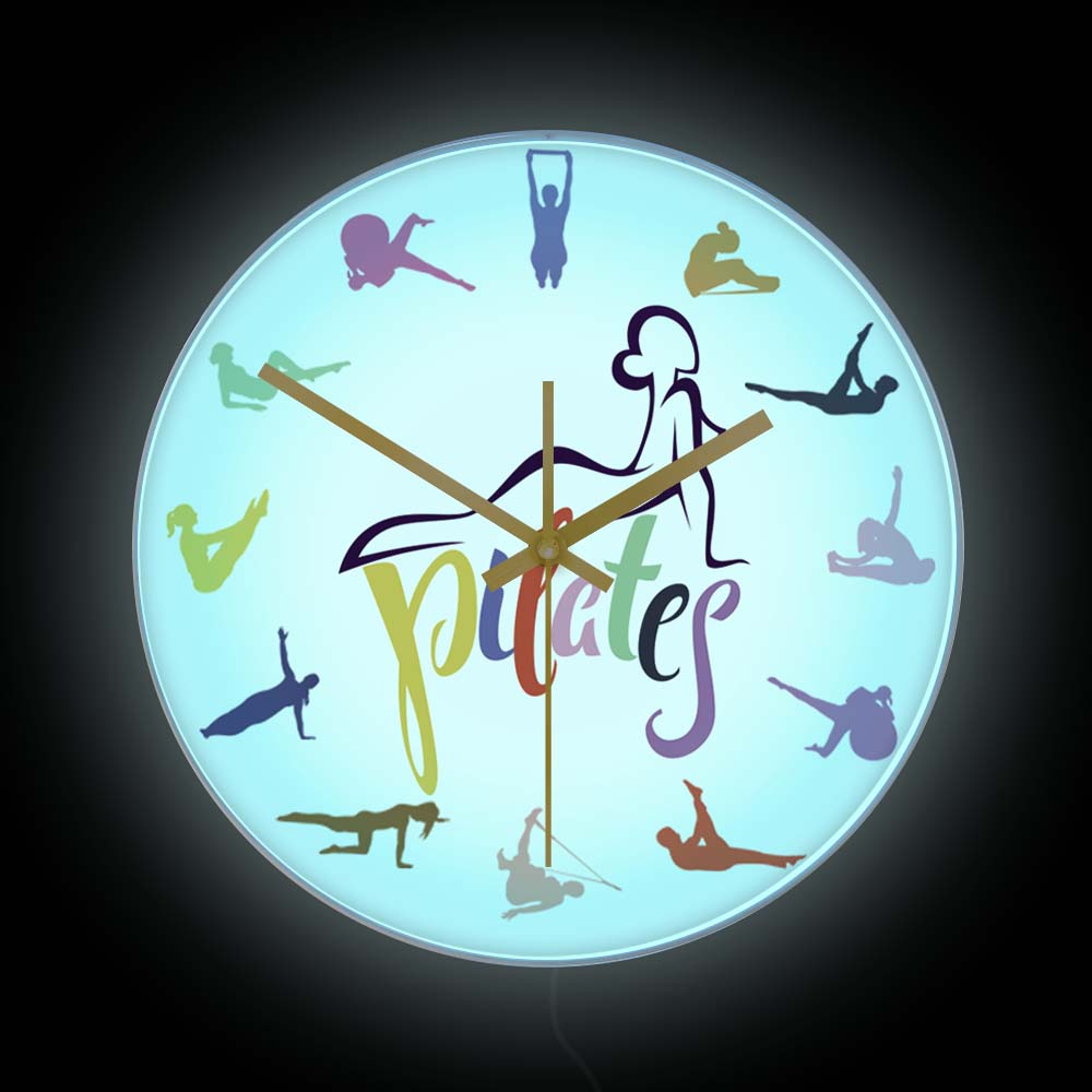 Pilates Yoga Room - Pilates Pozları Renkli Baskılı Duvar Saati